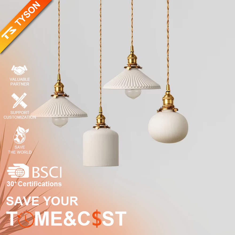 Vintage beige pleated lampshade golden lamp base combination hanging lamp, beige pleated glass lampshade + golden metal lamp base + thin suspension ropes, soft warm light, creating a vintage warm dining space atmosphere.