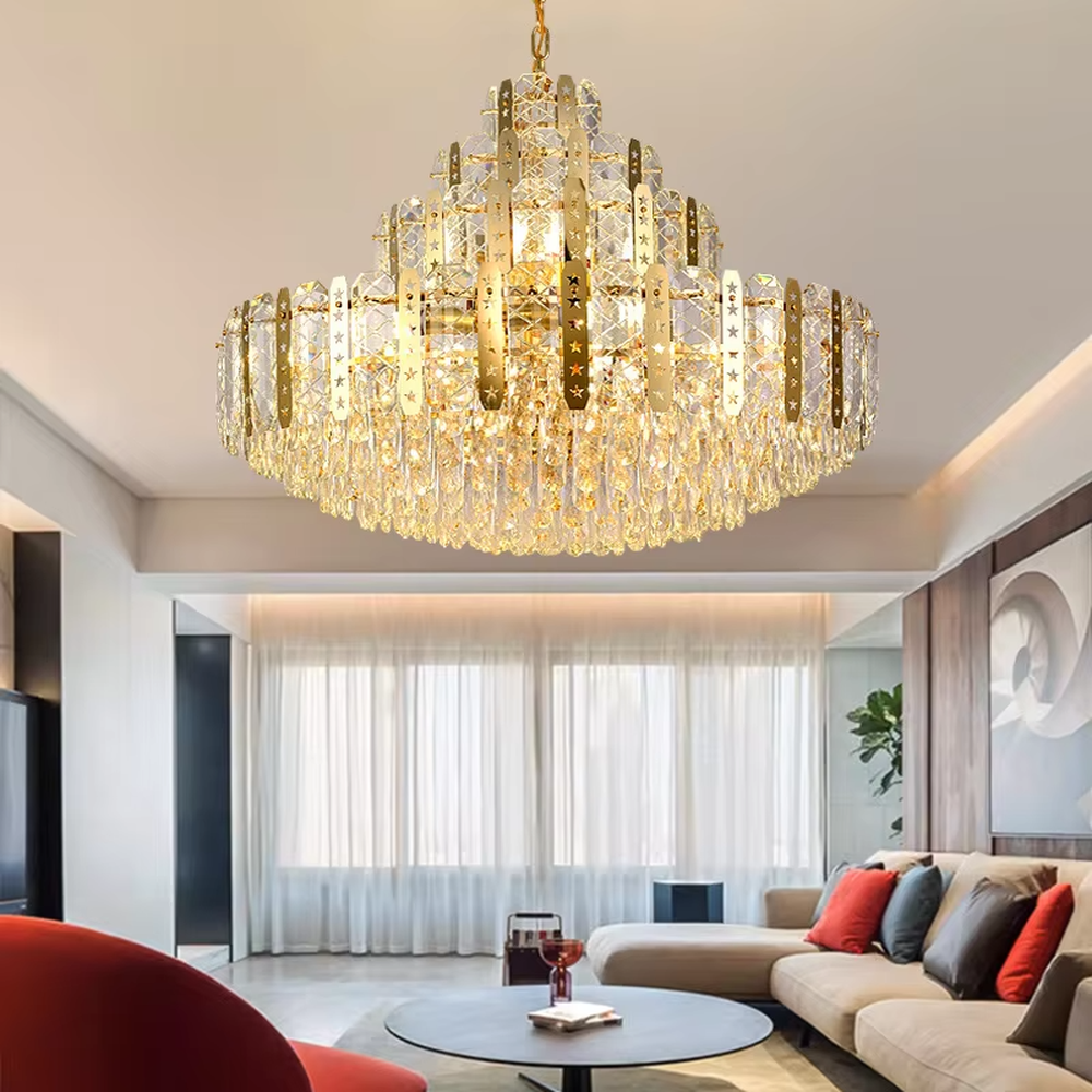 This is a luxurious modern-style golden multi-layer crystal chandelier, with a golden metal frame paired with numerous crystals (with star-shaped and other decorative details). It features a grand and luxurious design, with brilliant lighting. It is used for space lighting and decoration, creating a high-end luxurious atmosphere. Suitable for luxury villa living rooms, high-end hotel lobbies, light luxury-style banquet halls and other places.