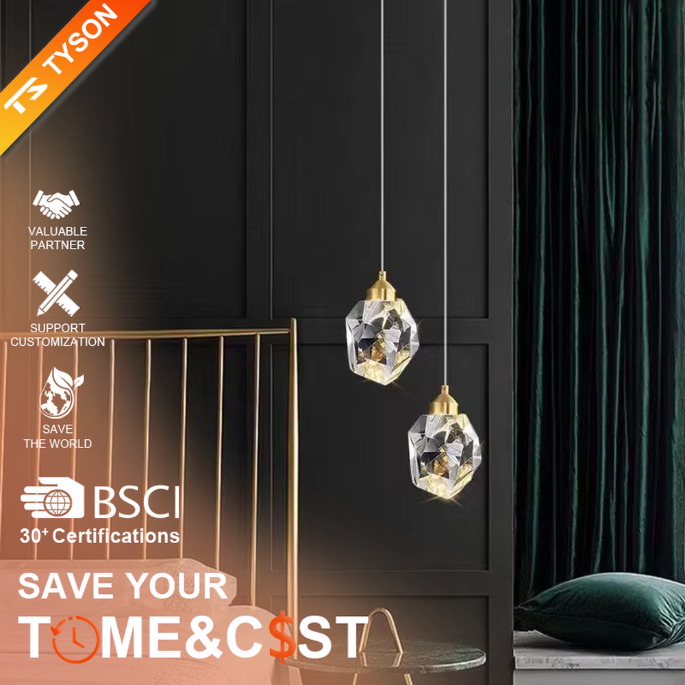 Light luxury modern 3-head cut crystal long-rod chandelier, golden long-rod ceiling mount + cut crystal balls (golden top) + warm light effect, creating an exquisite luxurious atmosphere in small spaces.