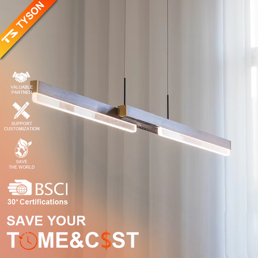 This is a modern minimalist style linear chandelier, featuring a walnut texture panel paired with brass metal accents. The linear lighting design emits soft and uniform light, serving both practical lighting and space decoration purposes, suitable for dining rooms, open kitchens, light luxury bars, modern office areas and other scenarios.