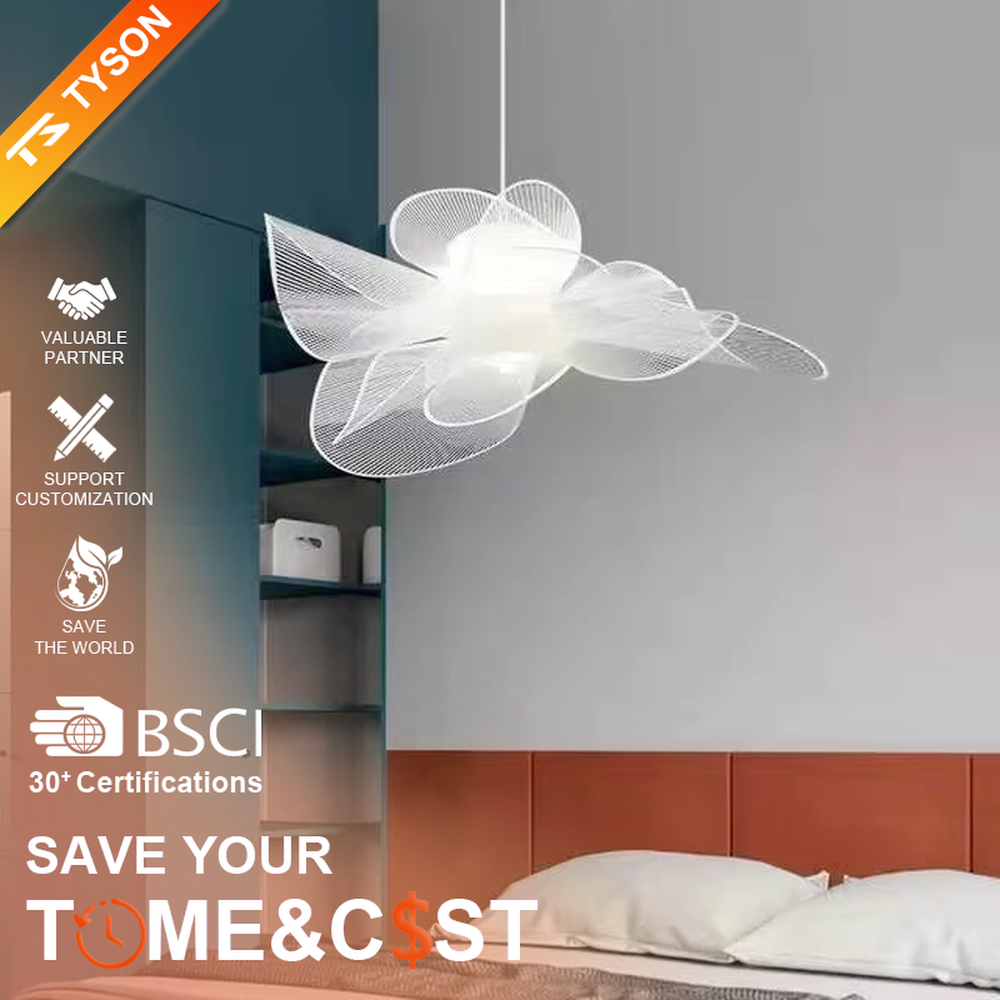 Modern art wing-shaped mesh transparent hanging lamp, minimalist stretched shape + transparent material, soft hazy light, creating a minimalist art atmosphere.