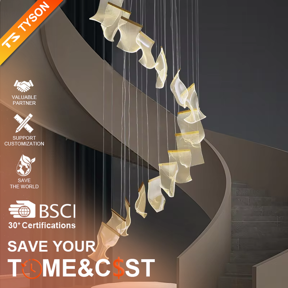 Modern artistic spiral-hung leaf-shaped chandelier, translucent lampshades + golden decorations, soft lighting, creating a high-end artistic atmosphere.