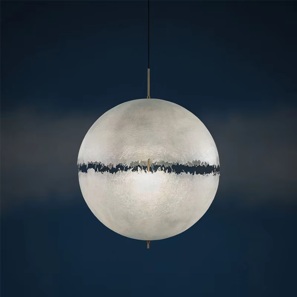 Modern art-style multi-head frosted spherical chandelier, water-textured white shade + black-gold decoration + warm light effect, creating a fresh artistic atmosphere in public spaces.