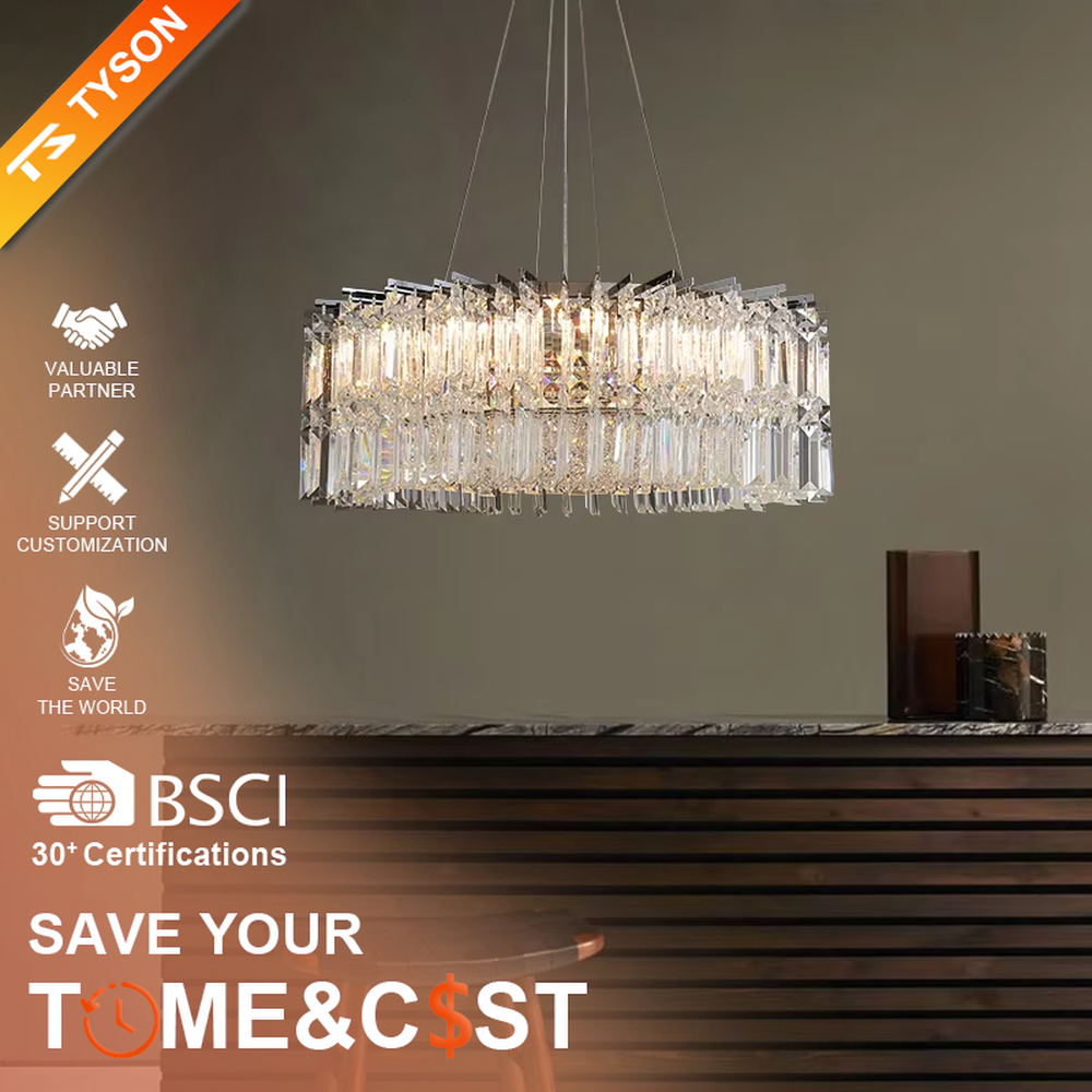 Luxury rectangular crystal chandelier (multi-faceted cut crystals + polished metal), warm light effect, creating a brilliant and high-end light luxury space atmosphere.