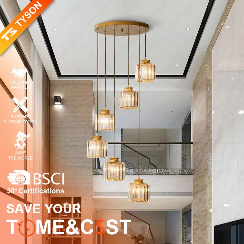 This is a luxury crystal multi-head chandelier with a golden top plate and multiple crystal square cylindrical lampshades, featuring a simple and grand design with luxury texture. It is used for space lighting and decoration, creating a luxurious and warm ambiance. It is suitable for loft-style double-height areas, luxury-style home living rooms, high-end apartment living areas and other places.