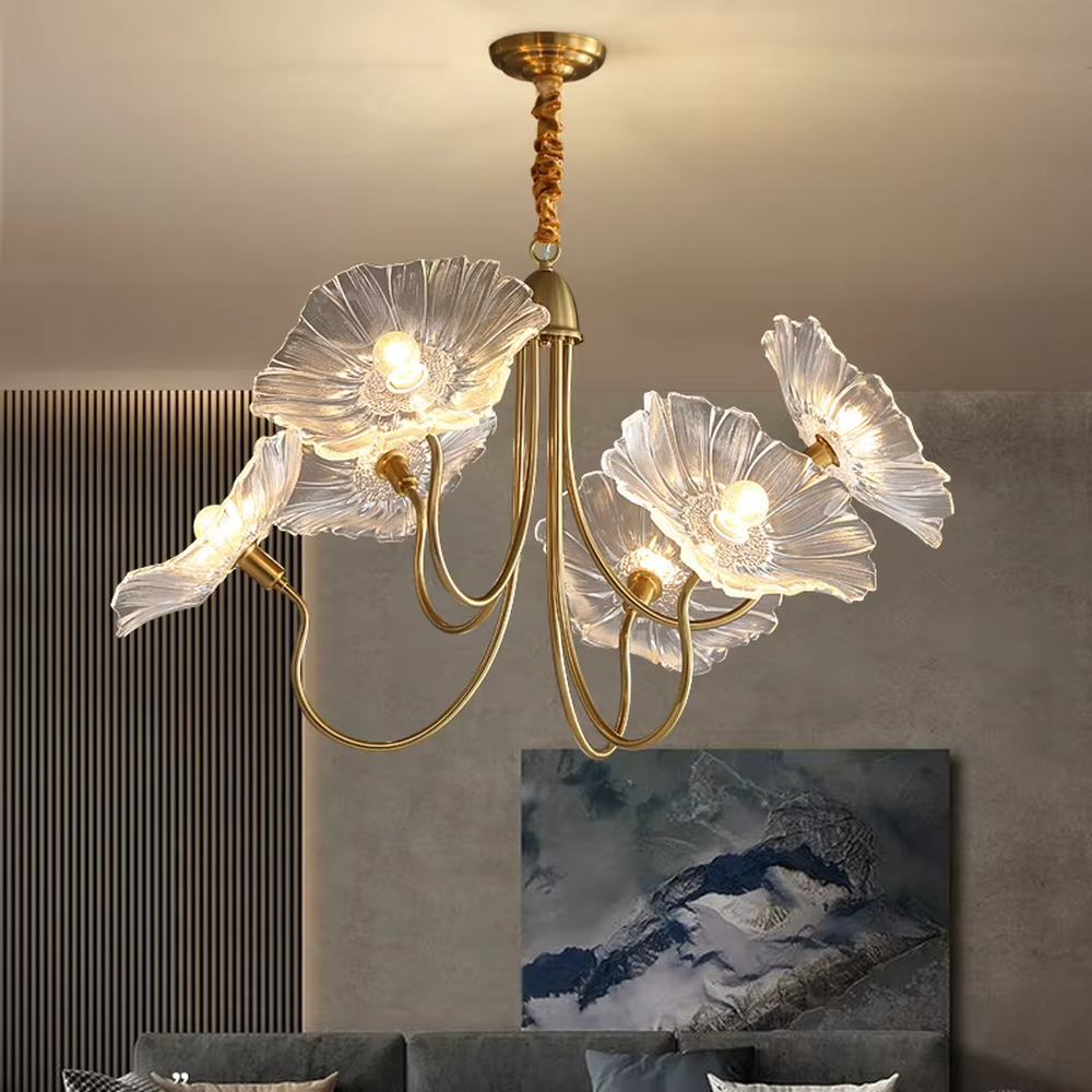 This is an artistic flower-shaped chandelier with a golden metal frame and red glass flower lampshades, featuring a retro luxury design with strong artistic sense. It is used for space lighting and decoration, creating an artistic luxury atmosphere. It is suitable for luxury-style home living rooms, art restaurants, soft decoration display spaces and other places.