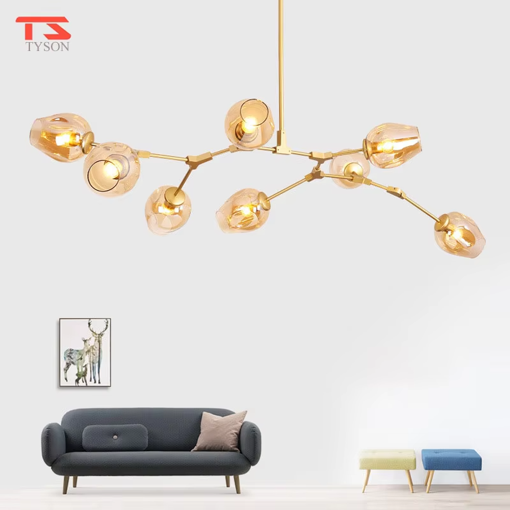 Light luxury gold branch textured glass cup chandelier (gold branch frame + textured glass cups), warm light effect, creating an exquisite and high-end home atmosphere.