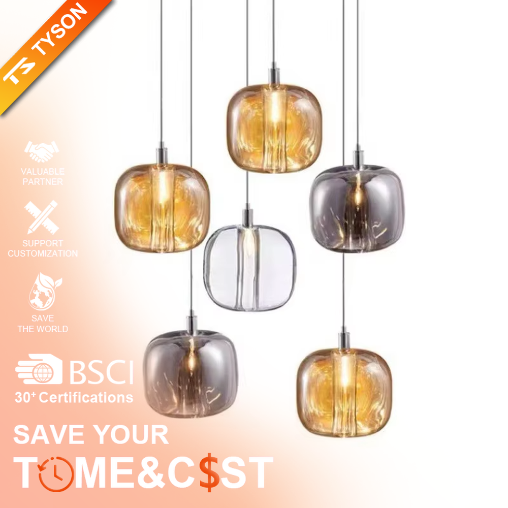 Modern minimalist gradient glass square ball chandelier (gray/gold/transparent combination), warm light effect, creating a high-quality minimalist space atmosphere.