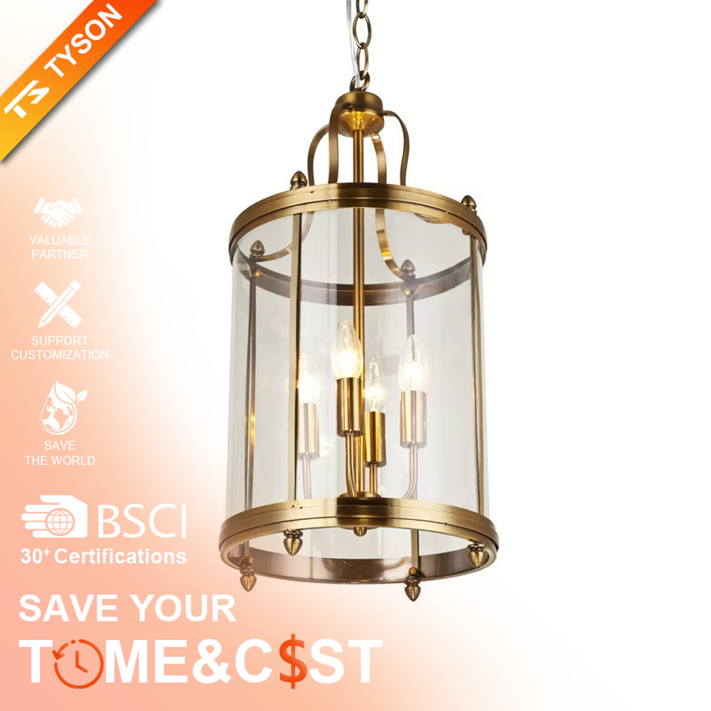 Light luxury golden metal cage-style cylindrical glass cover candelabra chandelier, golden frame + transparent cylindrical glass cover + candle-shaped bulbs, soft warm light, suitable for modern minimalist dining area atmosphere.