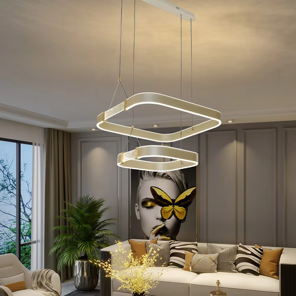 This is a modern minimalist white double-ring chandelier, with double-layer white ring lamp bodies and partial embedded crystal elements, featuring a minimalist and grand design, soft lighting. It is used for space lighting and decoration, creating a modern and warm atmosphere. Suitable for modern minimalist restaurants, living rooms, creative office areas and other places.