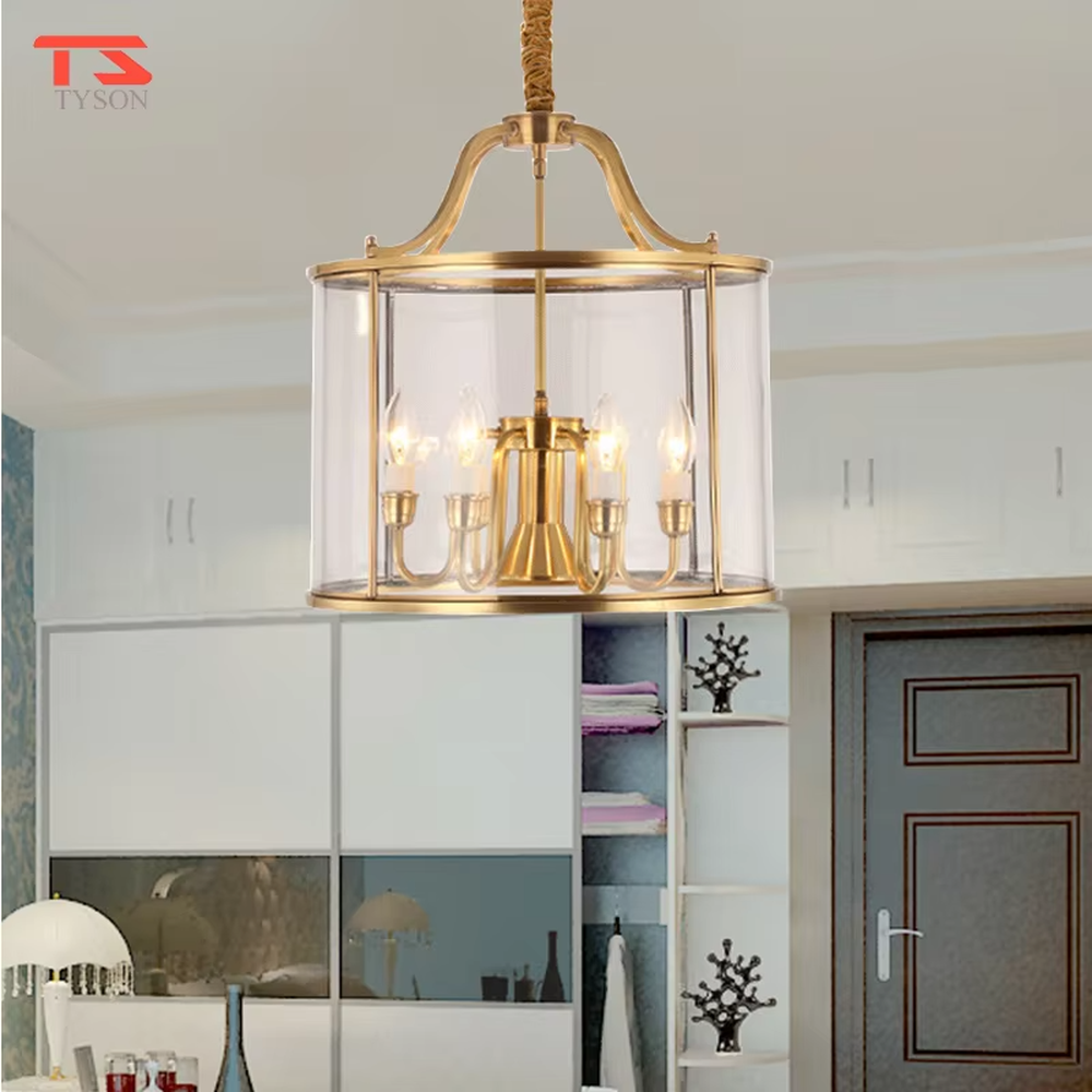 Light luxury golden metal frame glass cover candelabra chandelier, golden metal frame + transparent glass outer cover + candle-shaped bulbs, soft warm light, creating a vintage light luxury bedroom atmosphere.