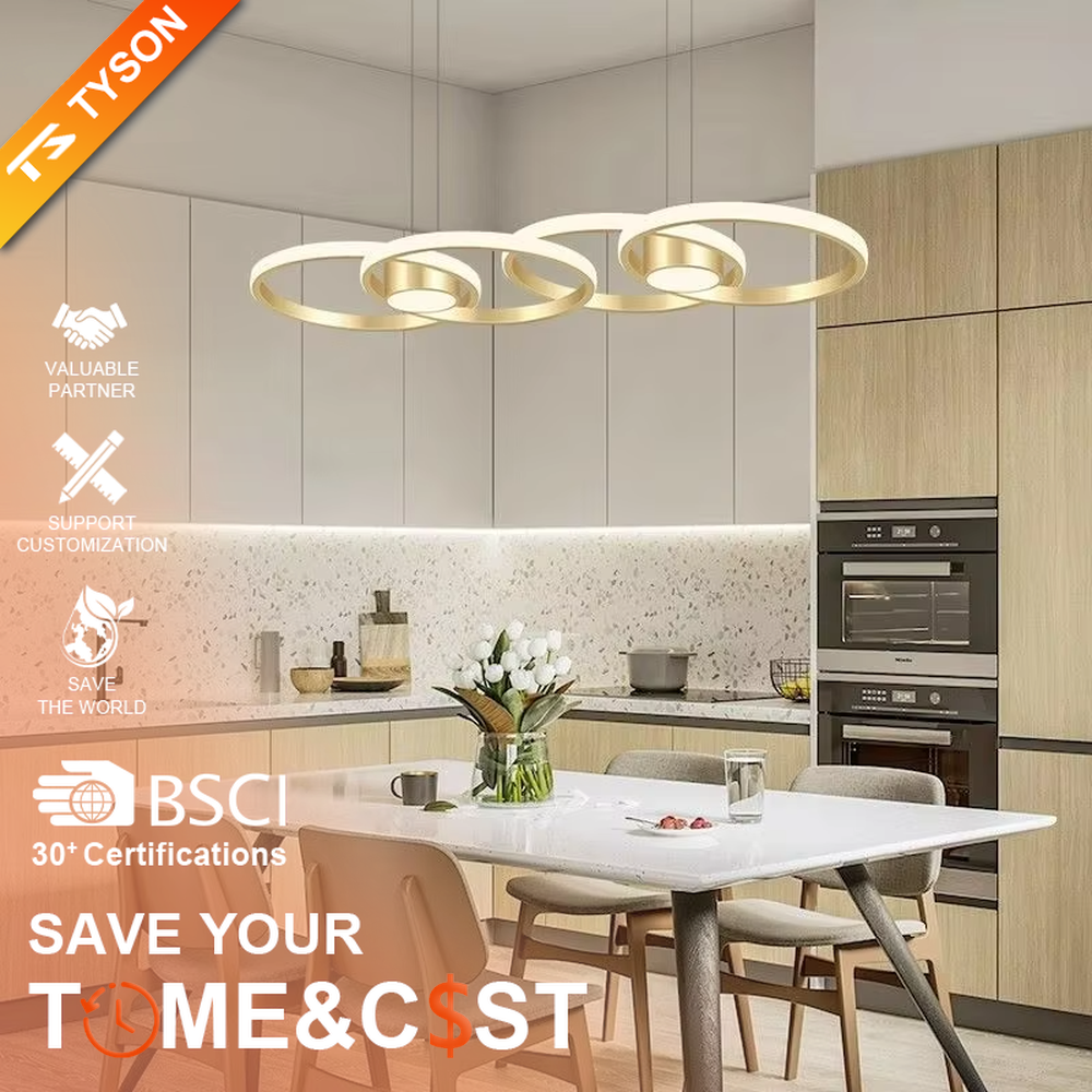 This is a modern minimalist multi-layer ring suspended chandelier, with black frames paired with white light sources, a staggered multi-layer ring shape, soft and even lighting, creating a minimalist high-end space atmosphere.