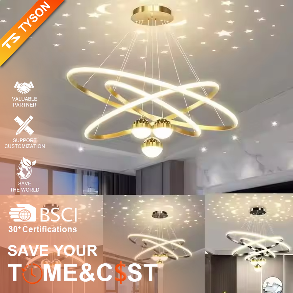 This is a modern creative cross-ring starry sky projection chandelier, with a black frame paired with cross-ring light strips and spherical lamps, and a starry sky (star and moon) projection function. The design is modern and dreamy, with soft lighting and a strong atmosphere. It is used for space lighting and atmosphere creation, suitable for modern-style living rooms, children's rooms, light luxury-style bedrooms and other places.