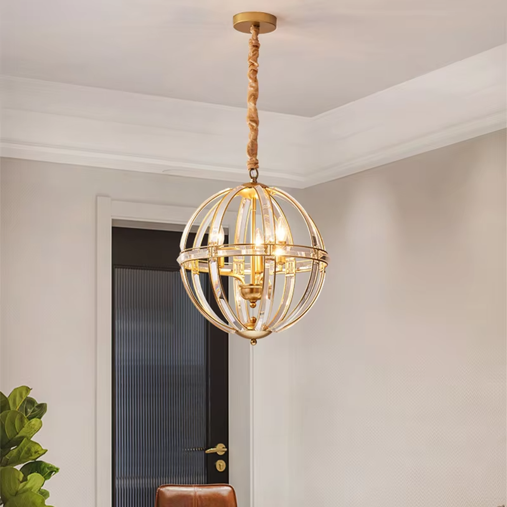 This light luxury modern spherical chandelier features a gold metal frame, paired with multi-layer interlaced lines and transparent crystal/glass material, with an exquisite and transparent shape. It serves both lighting and decorative purposes, ideal for modern light luxury home and commercial spaces such as dining rooms and living rooms.
