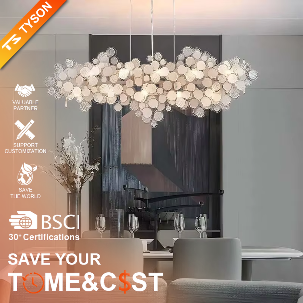 Modern art light luxury long cloud-shaped chandelier, multi-textured circular translucent units + warm light effect, creating a flexible artistic atmosphere.