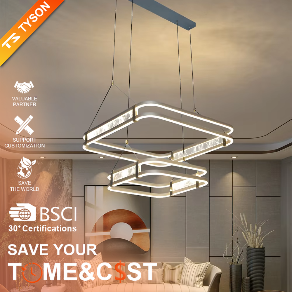 This is a modern minimalist white double-ring chandelier, with double-layer white ring lamp bodies and partial embedded crystal elements, featuring a minimalist and grand design, soft lighting. It is used for space lighting and decoration, creating a modern and warm atmosphere. Suitable for modern minimalist restaurants, living rooms, creative office areas and other places.