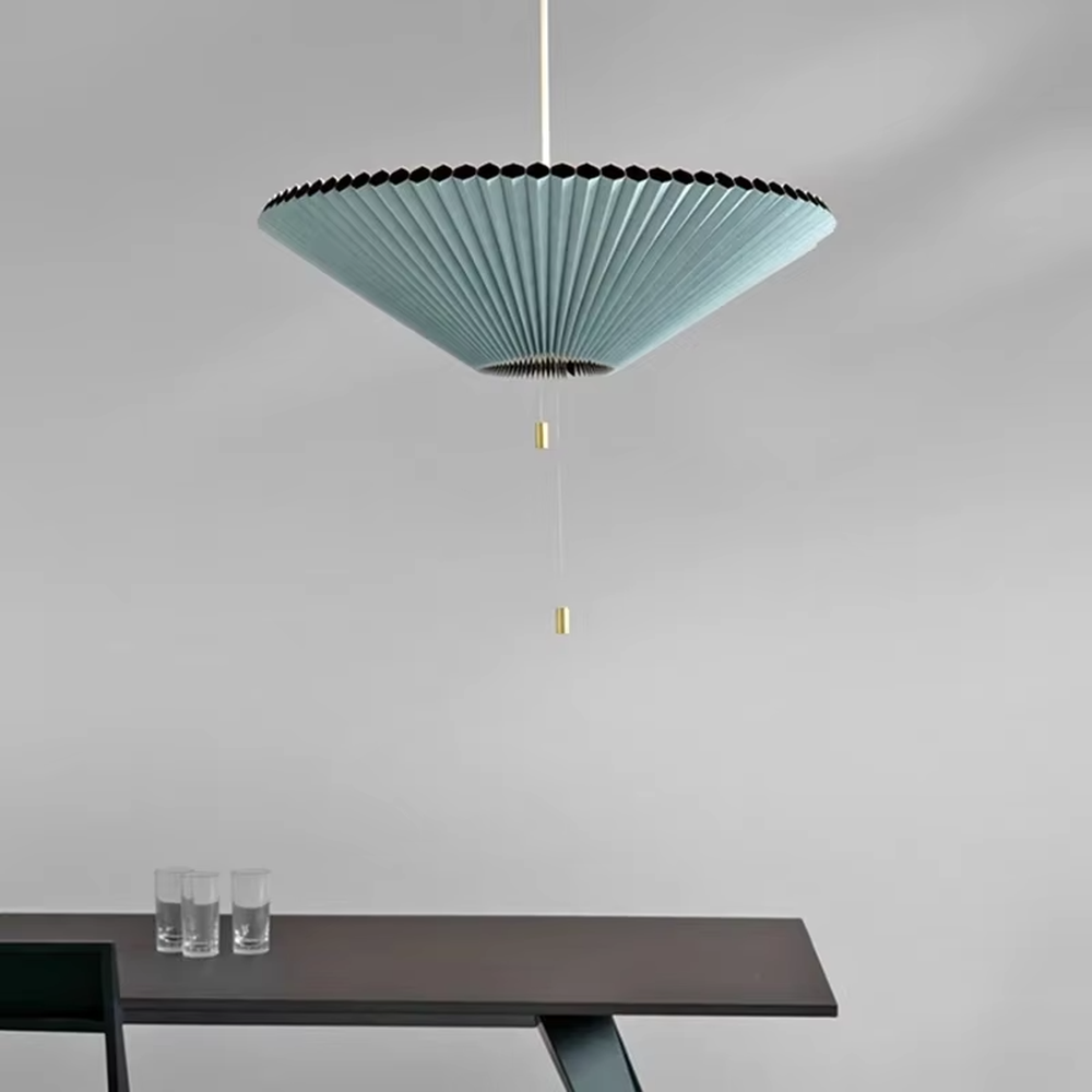 This modern minimalist fan-shaped chandelier features a light lake blue pleated fabric lampshade with a black edge, in an umbrella-shaped suspended style, serving both lighting and decorative purposes, ideal for modern minimalist spaces such as dining rooms, living rooms, and wabi-sabi cafes.