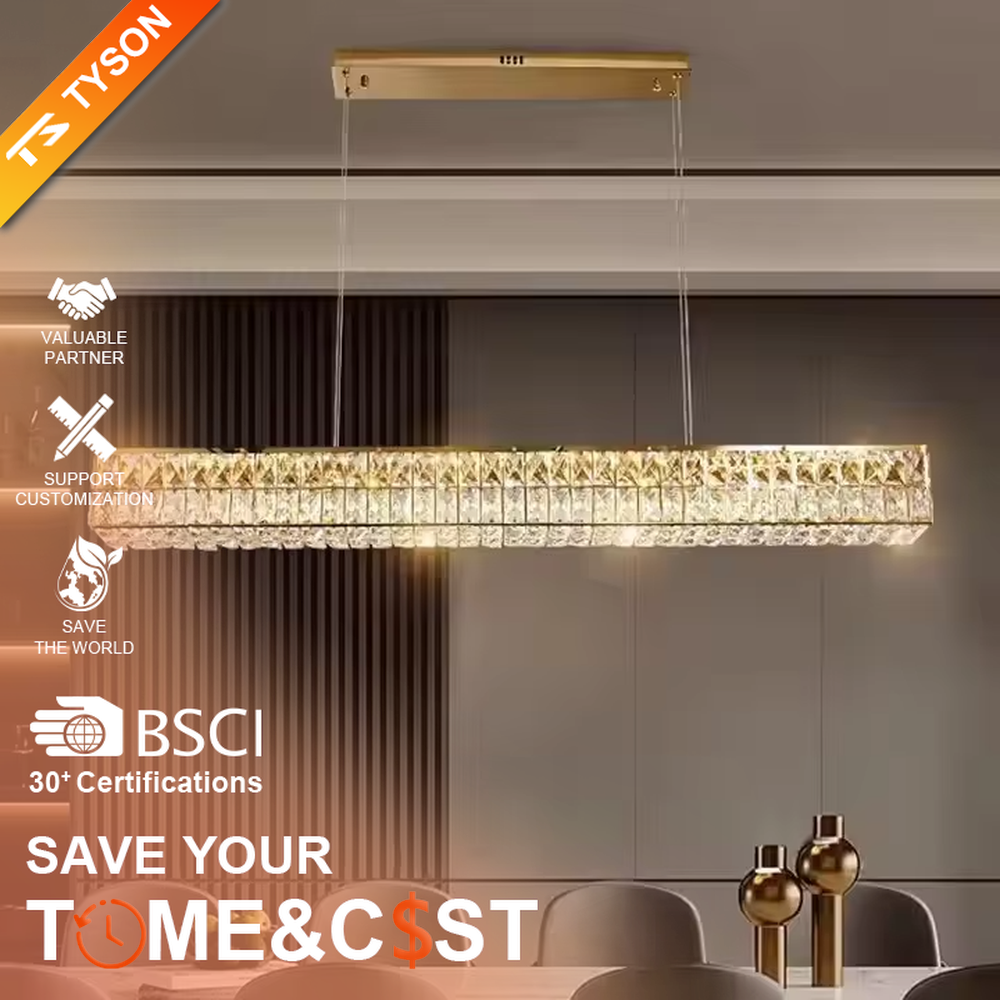 Modern light luxury silver frame long strip full-cut crystal chandelier, warm light effect, creating an exquisite luxurious dining atmosphere.