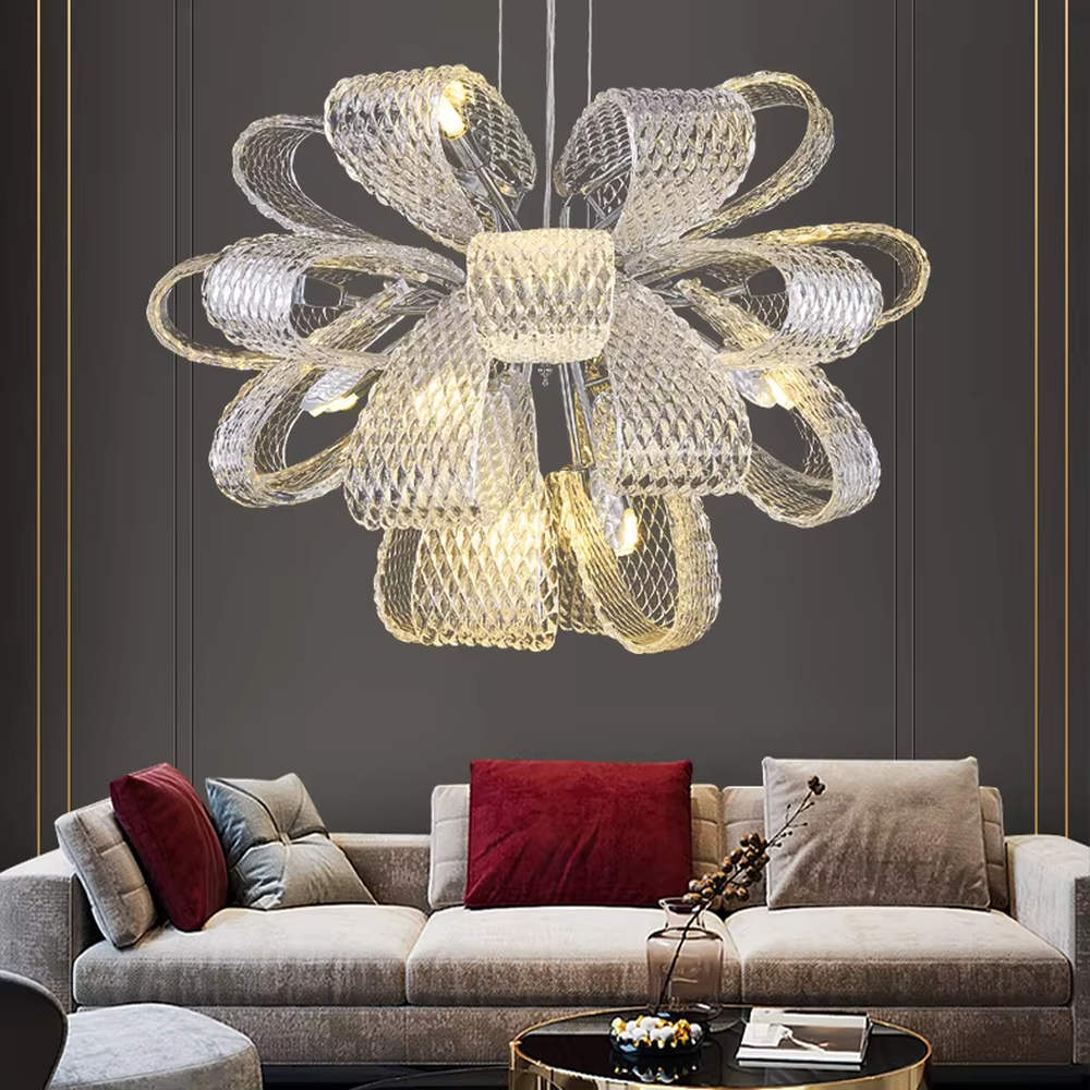 Modern art light luxury woven bow-shaped transparent texture chandelier, golden textured woven pattern + warm light effect, creating a flexible luxurious artistic atmosphere.