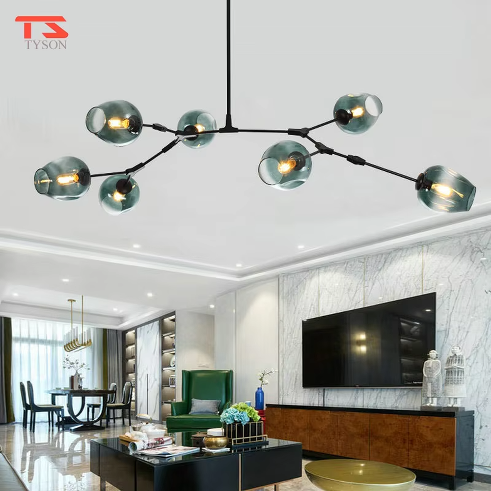 Light luxury gold branch textured glass cup chandelier (gold branch frame + textured glass cups), warm light effect, creating an exquisite and high-end home atmosphere.
