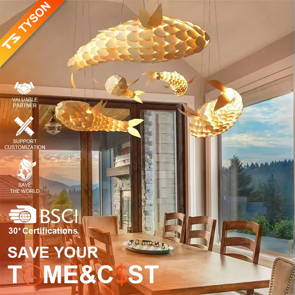 This is an artistic golden fish-shaped chandelier with a golden scale structure in the shape of a fish, featuring a flexible and artistic design. It is used for space lighting and decoration, creating an artistic luxury atmosphere. It is suitable for new Chinese-style home living rooms, creative restaurants, art soft decoration spaces and other places.