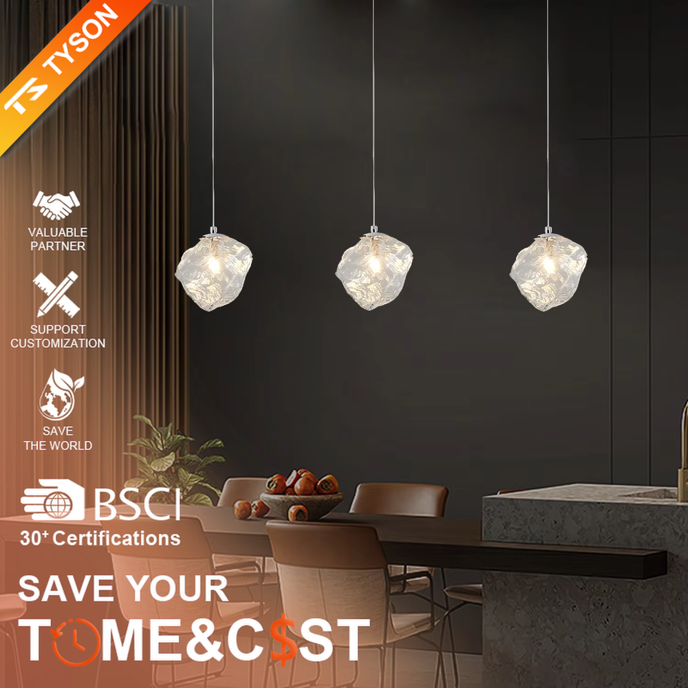 Art crystal stone glass chandelier (irregular crystal stone texture glass shade + metal hanging rod), warm light effect, creating a high-end artistic space atmosphere.