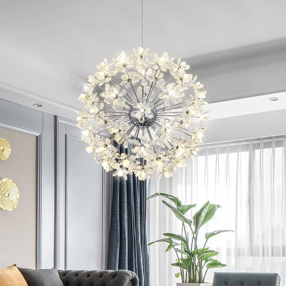 Art dandelion crystal chandelier (crystal petals + radial frame), warm light effect, creating a dreamy and luxurious space atmosphere.