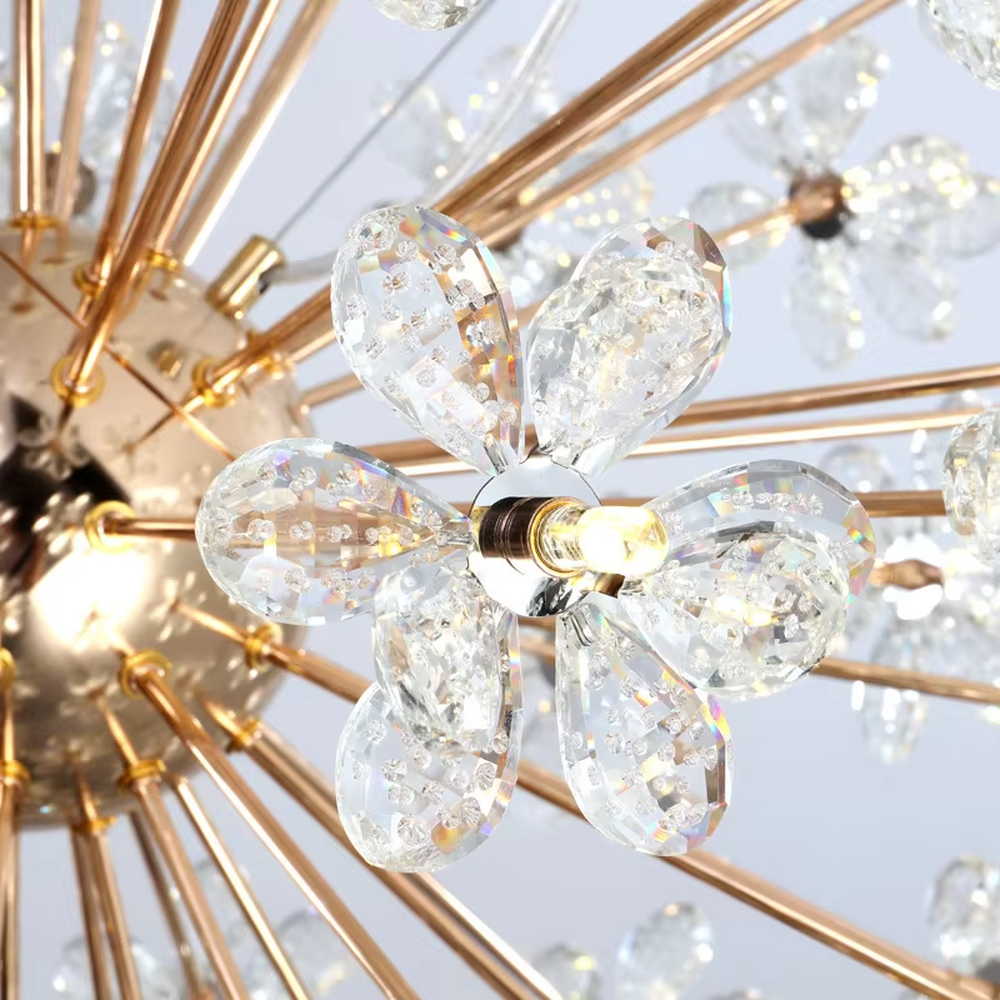 Art dandelion crystal chandelier (crystal petals + radial frame), warm light effect, creating a dreamy and luxurious space atmosphere.