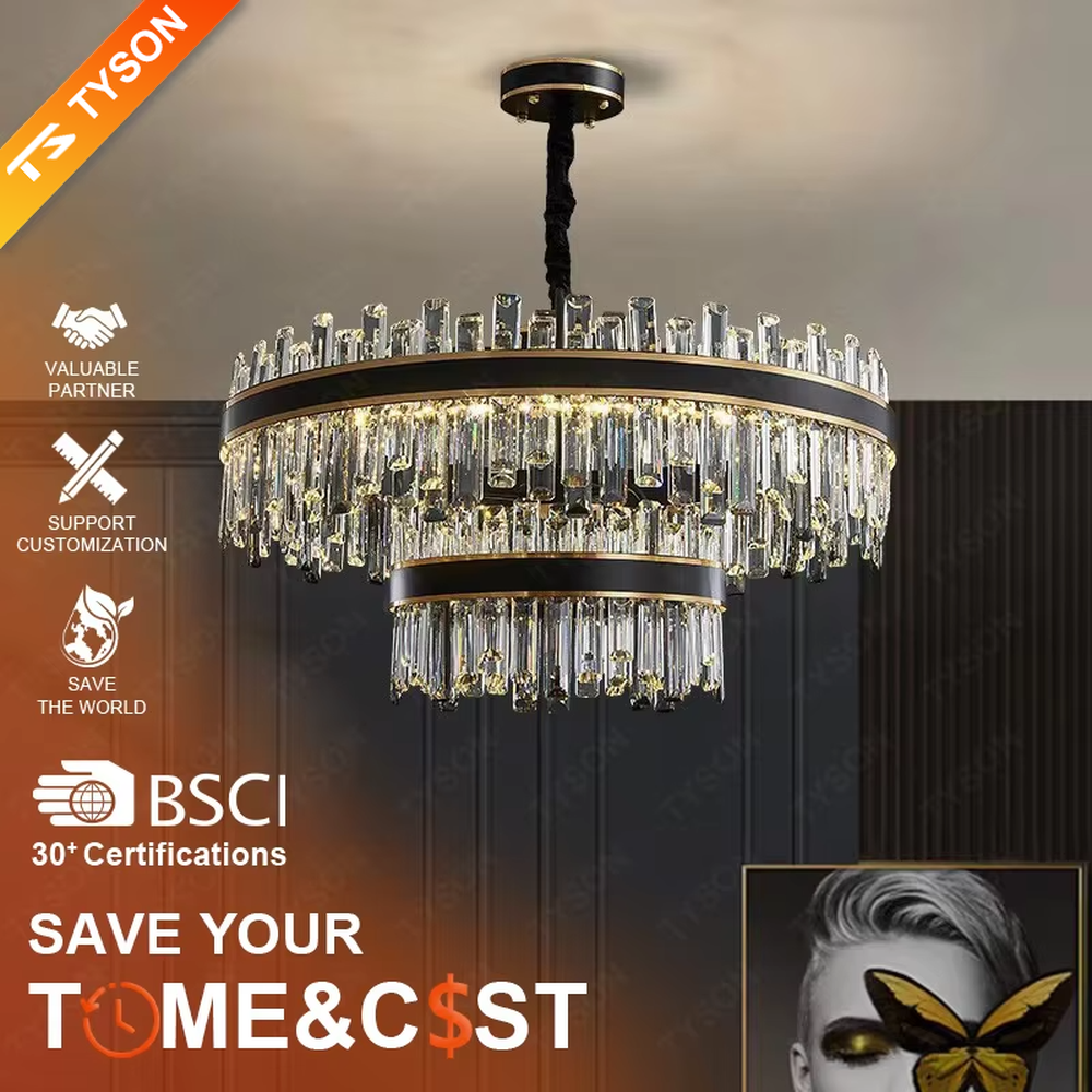 This is a light luxury modern-style black and gold rectangular crystal chandelier, with a black and gold metal frame, paired with numerous transparent crystal columns and black woven hanging ropes. It features a light luxury and grand design, with brilliant lighting. It is used for space lighting and decoration, creating a light luxury and high-end atmosphere. Suitable for light luxury-style restaurants, modern minimalist living rooms, high-end hotel dining areas and other places.