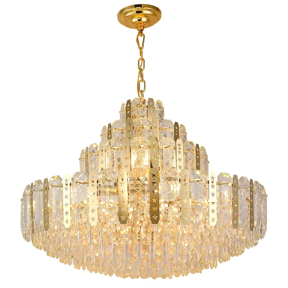 This is a luxurious modern-style golden multi-layer crystal chandelier, with a golden metal frame paired with numerous crystals (with star-shaped and other decorative details). It features a grand and luxurious design, with brilliant lighting. It is used for space lighting and decoration, creating a high-end luxurious atmosphere. Suitable for luxury villa living rooms, high-end hotel lobbies, light luxury-style banquet halls and other places.