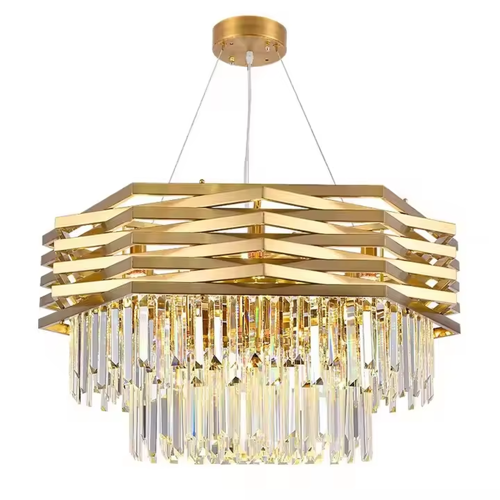 This is a light luxury modern-style golden geometric crystal chandelier, with a multi-layer golden geometric metal frame paired with numerous transparent crystal pendants. It features a grand and luxurious design with brilliant lighting. It is used for space lighting and decoration, creating a light luxury high-end atmosphere. Suitable for light luxury-style living rooms, high-end restaurants, luxury villas and other places.