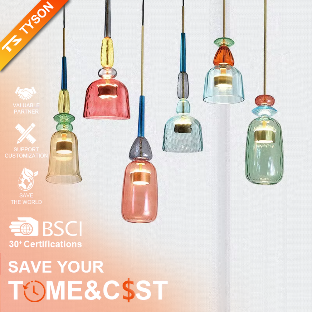 Retro colorful glass bell chandelier (multi-color combination), warm light effect, creating a lively and fresh artistic space atmosphere.