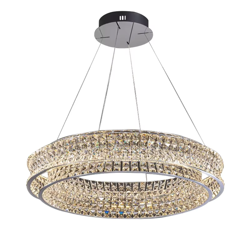 This is a light luxury and luxurious double-layer ring crystal chandelier, with a double-layer ring shape full of crystals. When lit, the light is brilliant and gorgeous, creating a high-end luxurious atmosphere.