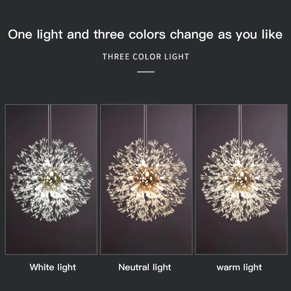This light luxury dandelion-shaped chandelier features a spherical firework/dandelion design made of metal and light-transmitting material, emitting brilliant and soft light, serving both lighting and decorative purposes, ideal for dining rooms, living rooms, light luxury commercial spaces and other scenarios.