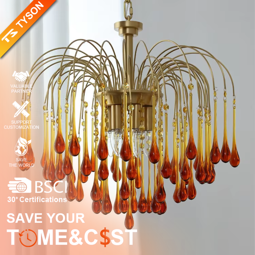 Vintage light luxury golden metal wireframe amber waterdrop glass chandelier, warm light effect, creating a cozy vintage luxurious atmosphere.