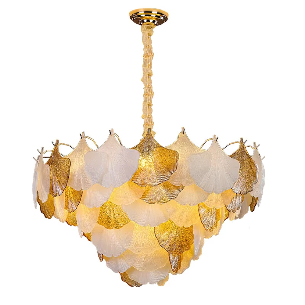 This is an artistic ginkgo leaf-shaped ceiling lamp, featuring gradient (off-white to light gold) textured leaf-shaped lampshades paired with golden metal connectors. The lighting is soft and warm, creating a natural and elegant space atmosphere.