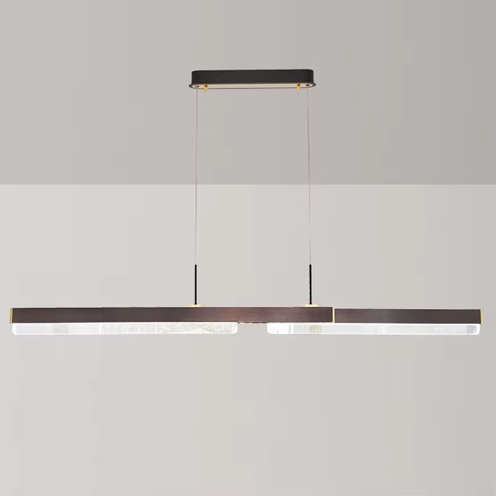 This is a modern minimalist style linear chandelier, featuring a walnut texture panel paired with brass metal accents. The linear lighting design emits soft and uniform light, serving both practical lighting and space decoration purposes, suitable for dining rooms, open kitchens, light luxury bars, modern office areas and other scenarios.