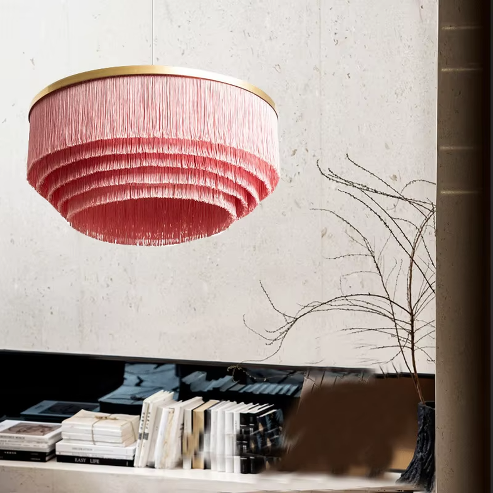 Light luxury gradient pink tassel multi-layer circular chandelier (gold trim decoration), warm light effect, creating a romantic and exquisite space atmosphere.