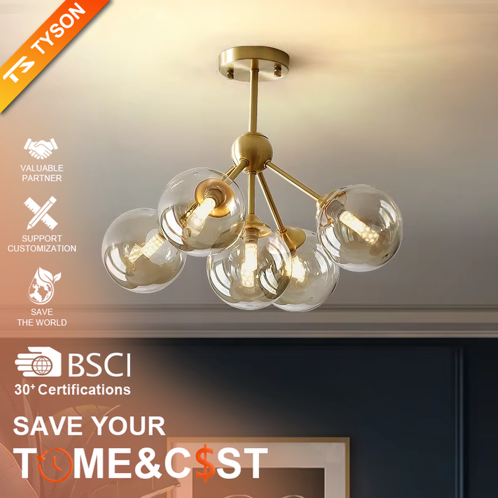 Light luxury gold branch glass ball ceiling chandelier (gold branch frame + gradient glass balls), warm light effect, creating a warm and high-end home atmosphere.