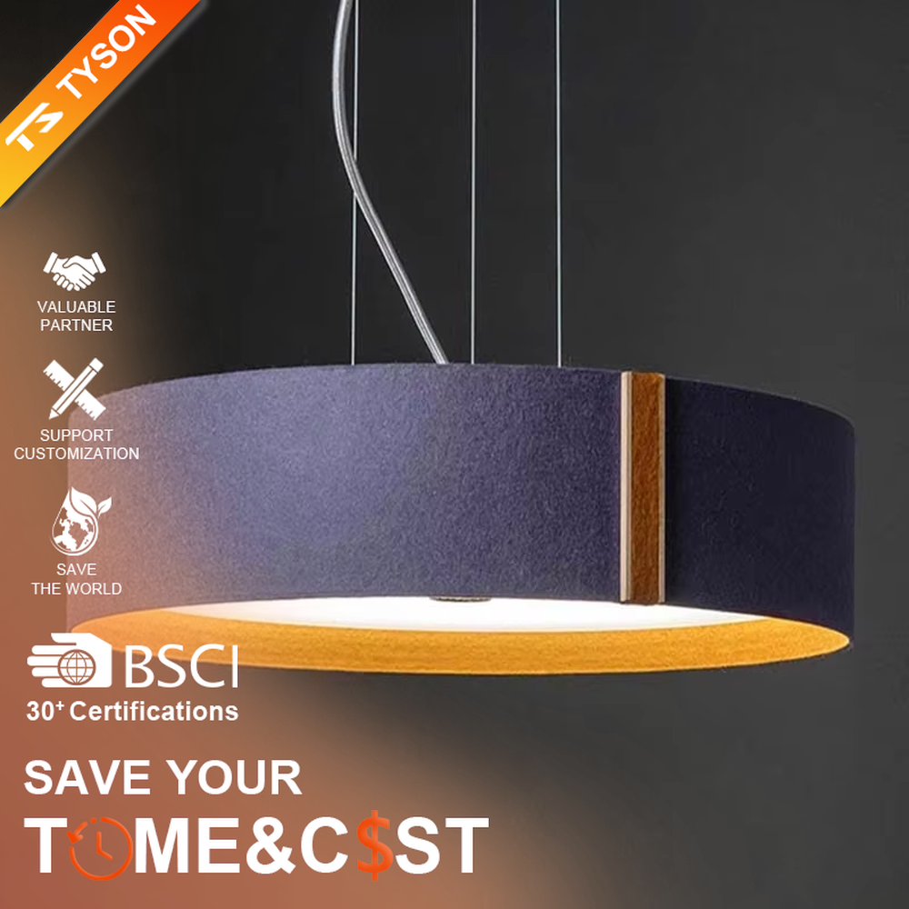 Modern minimalist purple fabric wood-decor round hanging chandelier, dark purple fabric lampshade + wood trim + warm light bottom edge, soft and warm lighting.