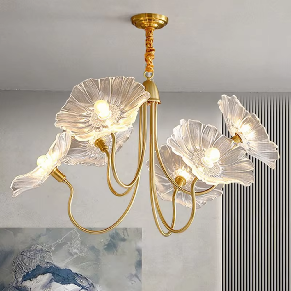 This is an artistic flower-shaped chandelier with a golden metal frame and red glass flower lampshades, featuring a retro luxury design with strong artistic sense. It is used for space lighting and decoration, creating an artistic luxury atmosphere. It is suitable for luxury-style home living rooms, art restaurants, soft decoration display spaces and other places.