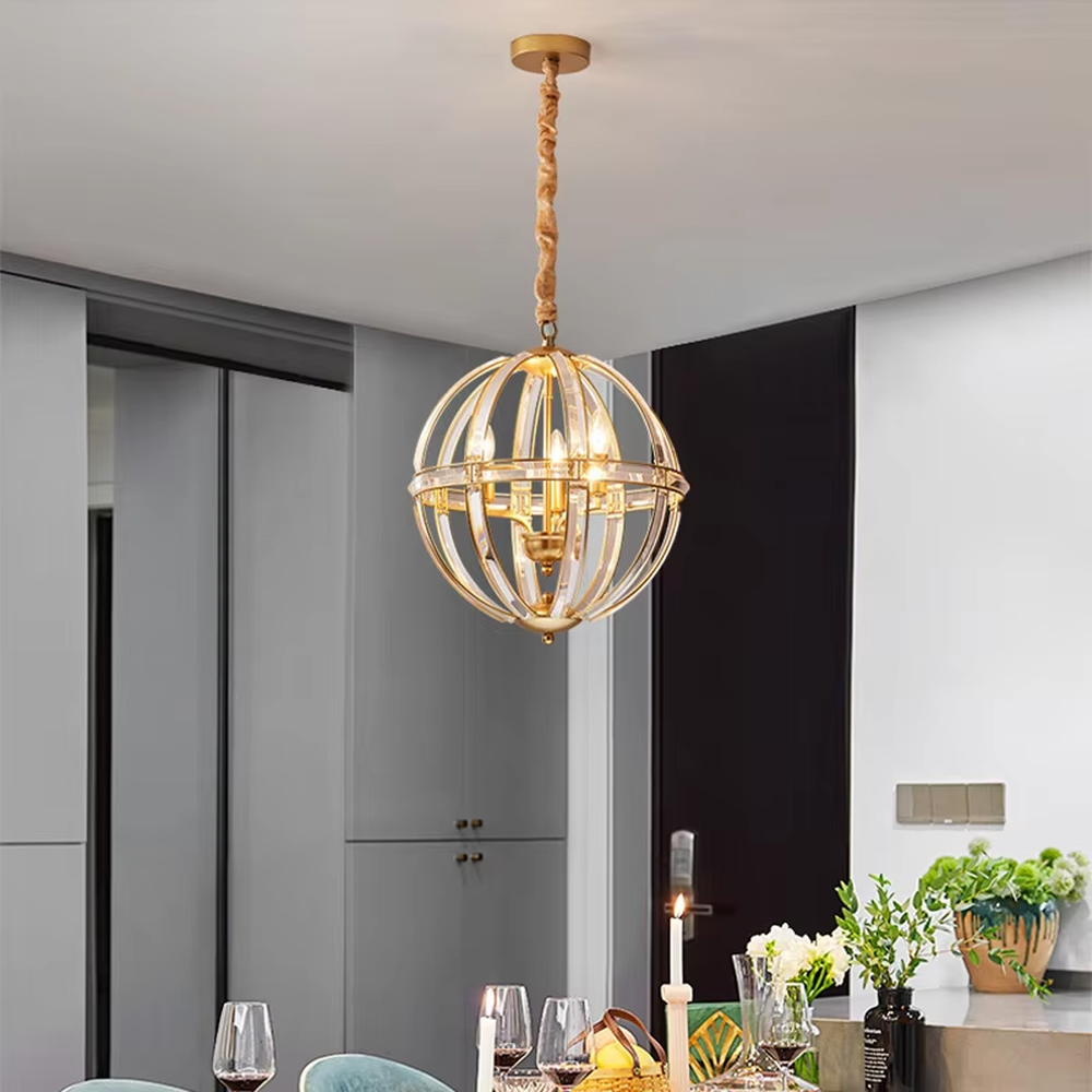 This light luxury modern spherical chandelier features a gold metal frame, paired with multi-layer interlaced lines and transparent crystal/glass material, with an exquisite and transparent shape. It serves both lighting and decorative purposes, ideal for modern light luxury home and commercial spaces such as dining rooms and living rooms.
