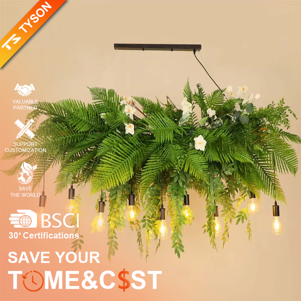 This is a romantic natural-style long strip floral chandelier, decorated with colorful artificial flowers (pink/purple/red roses) + green plants as the main body, paired with retro bulbs, featuring a fresh and romantic style, with warm and soft lighting.