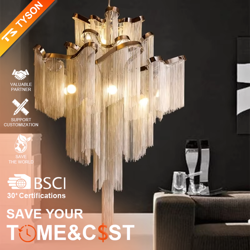 Light luxury waterfall crystal chain chandelier (warm light), warm light effect, creating a luxurious and soft high-end space atmosphere.