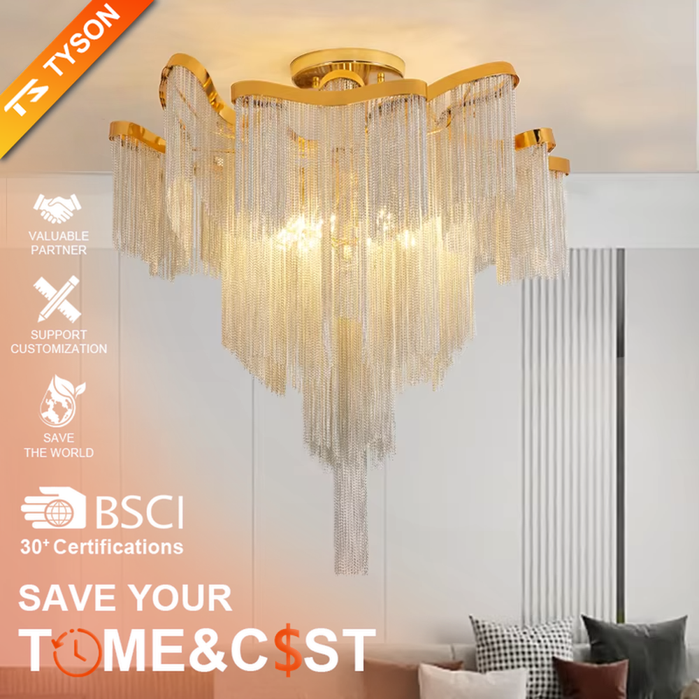 Modern light luxury golden frame light blue crystal tassel layered ceiling chandelier, warm light effect, creating an elegant and exquisite space atmosphere.