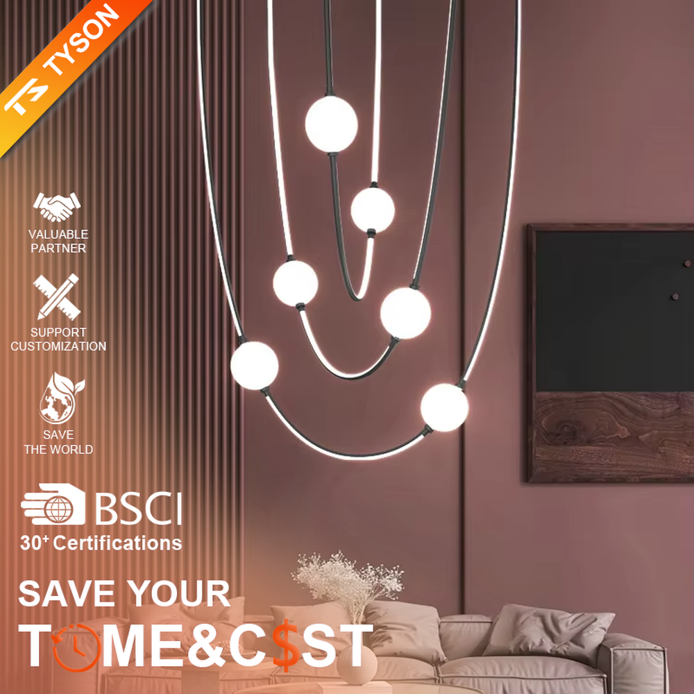 Modern creative curved frame hanging chandelier, black curved metal frame + white light strip + white spherical lampshades, soft and flexible lighting, creating an artistic minimalist atmosphere.