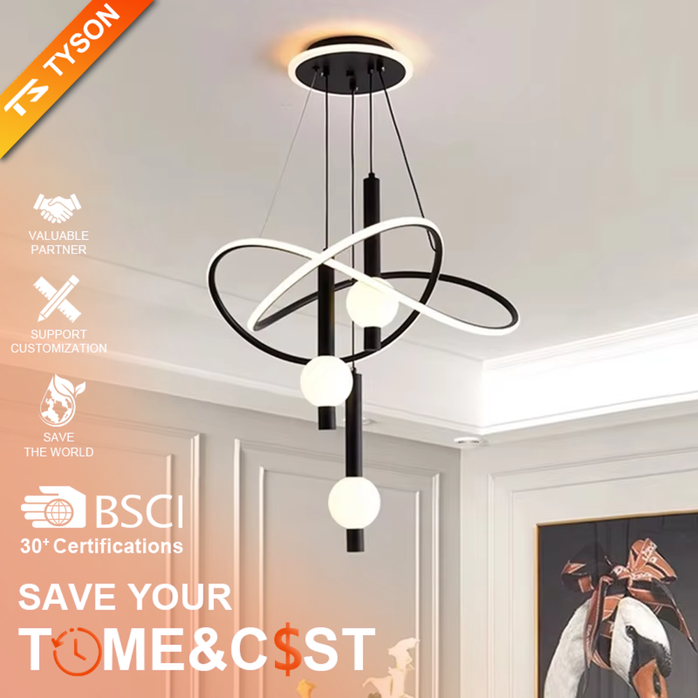This is a modern creative cross-ring spherical chandelier, featuring white cross-ring light strips paired with spherical lamp bodies. The design is simple and artistic, with soft and uniform lighting. It is used for space lighting and decoration to create a modern artistic atmosphere. Suitable for modern-style living rooms, minimalist dining areas, modern apartments and other places.