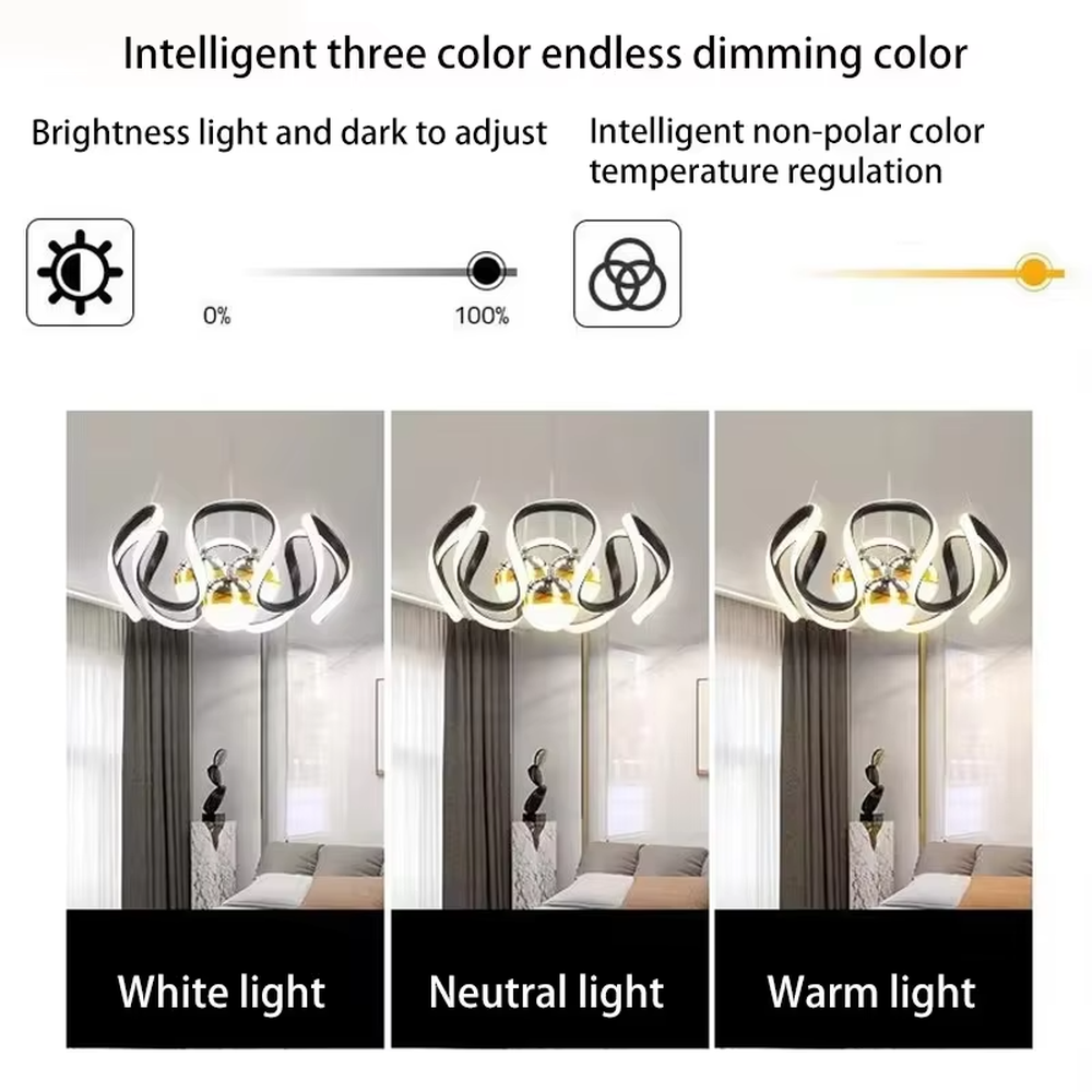 This is a childlike artistic golden starry sky projection chandelier, with golden curved light strips and starry sky decorated spherical lamps, which can project star and moon patterns onto the ceiling. The design is childlike and dreamy, with warm lighting. It is used for space lighting and atmosphere creation, suitable for children's rooms, modern-style bedrooms, childlike theme living rooms and other places.