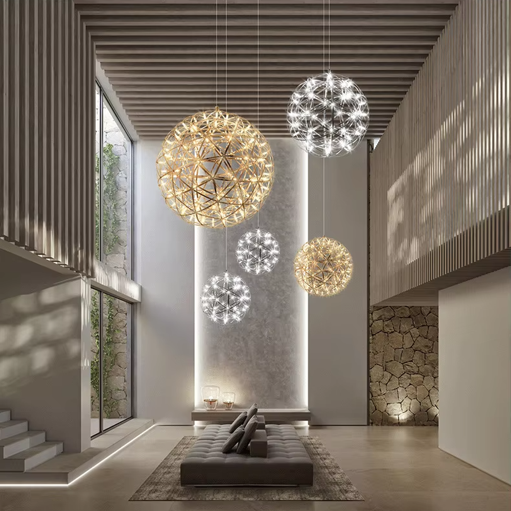 Art spark ball dandelion chandelier (metal woven spherical frame + built-in LED light source), warm/cool light effect, creating a dreamy and bright high-ceiling space atmosphere.