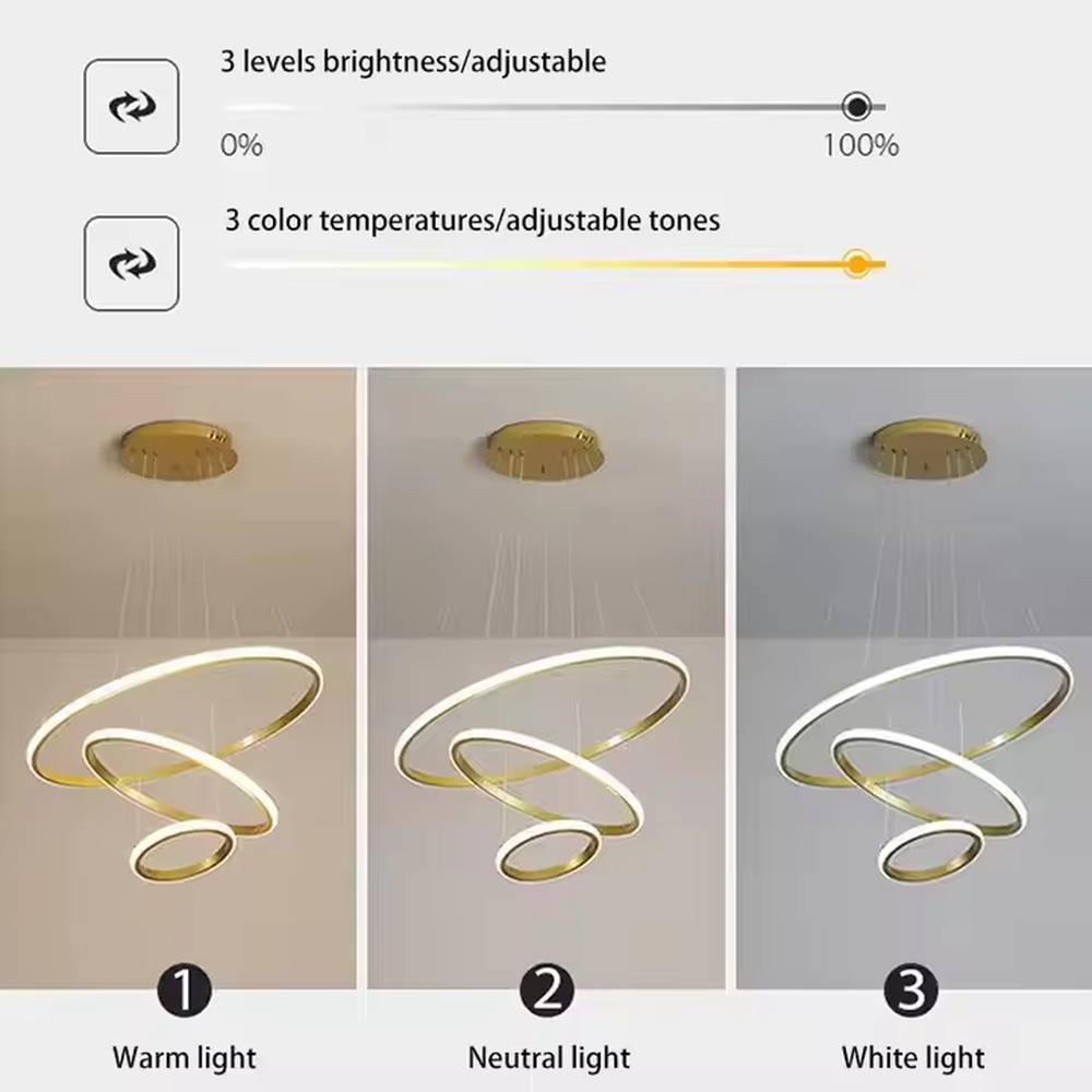 This is a modern smart-style golden ring multi-layer chandelier, with multiple golden ring light strips hanging in layers. It supports 3 levels of brightness and 3 color temperatures (warm light, neutral light, white light) adjustment. The design is minimalist and grand, and the lighting effect can be adjusted according to needs. It is used for space lighting and atmosphere creation, suitable for modern minimalist living rooms, light luxury-style bedrooms, high-end offices and other places.
产品介绍